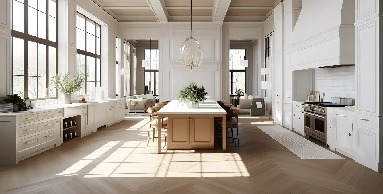 An interior photo of a kitchen that showcases the beauty of the L'Europe Collection's flooring