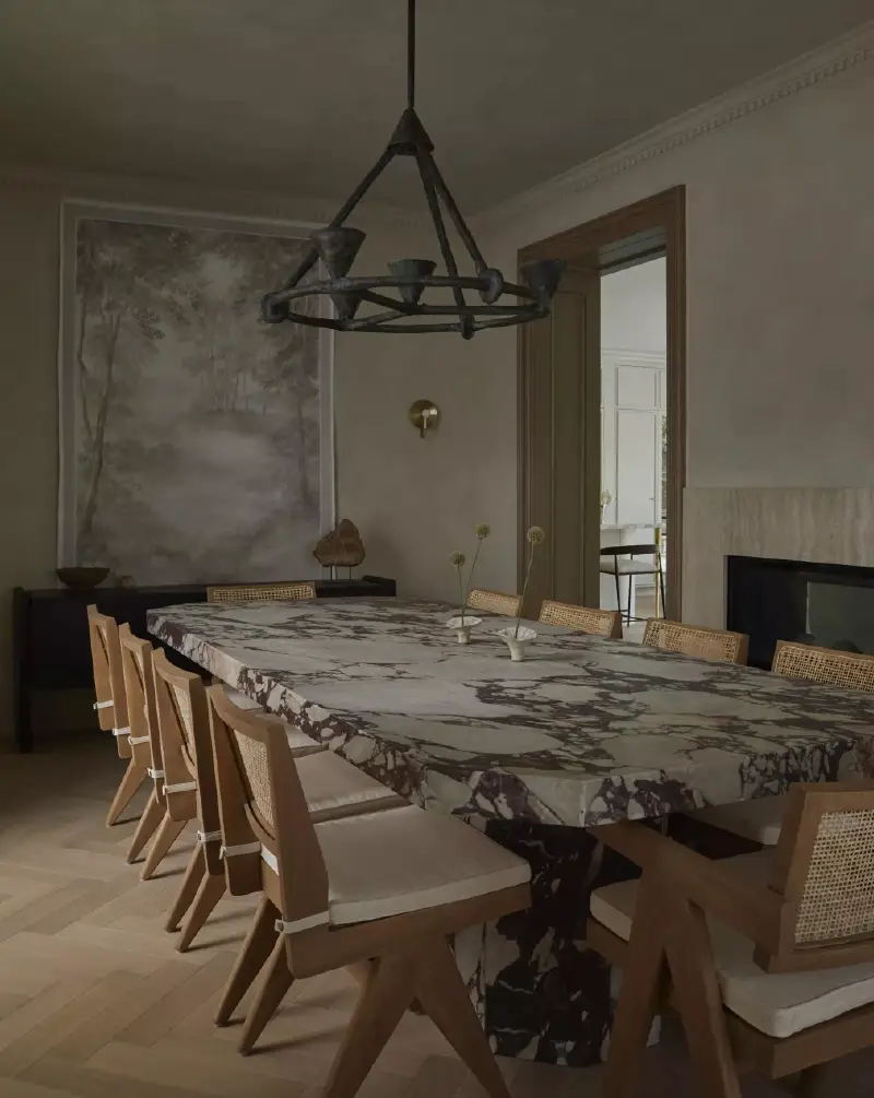 An interior installation photo showcasing the Borr herringbone wood flooring pattern