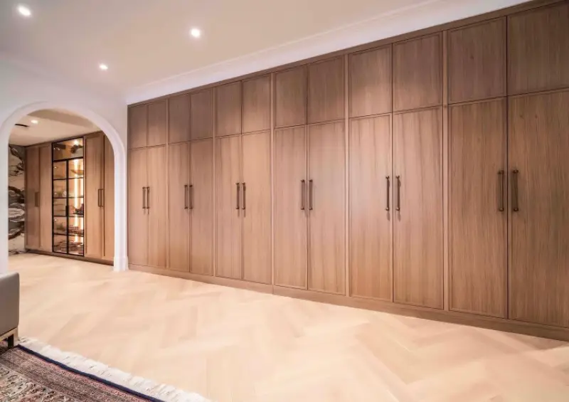 An interior installation photo showcasing the Eir herringbone wood flooring pattern